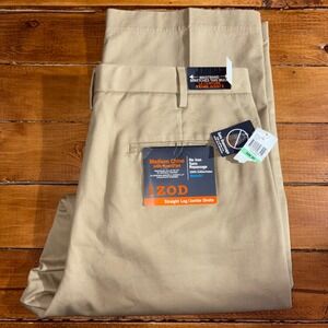 IZOD Madison Chino Pants Mens 34x30 Khaki Straight Leg No Iron SportFlex NEW